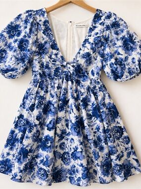 Abercrombie & Fitch Blue Floral Puff Sleeve Tie Front Mini Dress Size Small